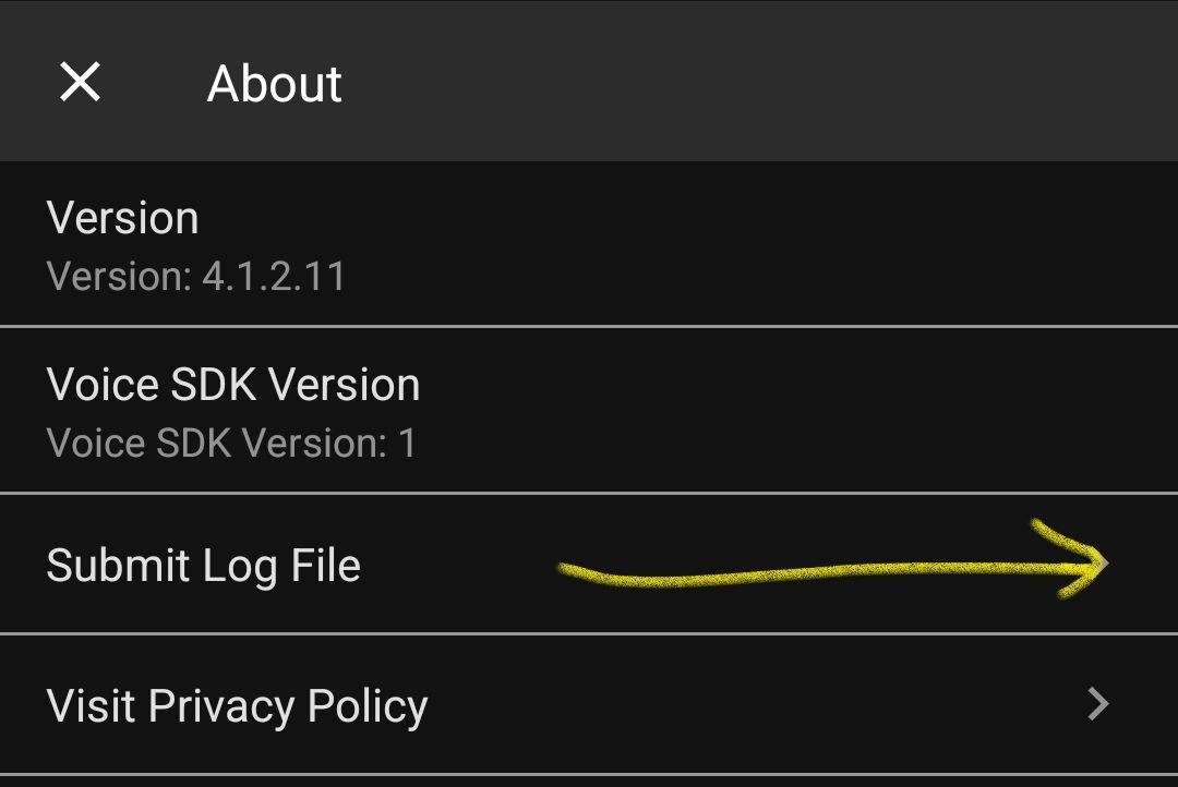 Submit log file option screenshot